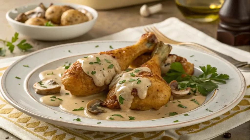 Baked Cream of Mushroom Chicken Legs with a Golden Crispy Finish