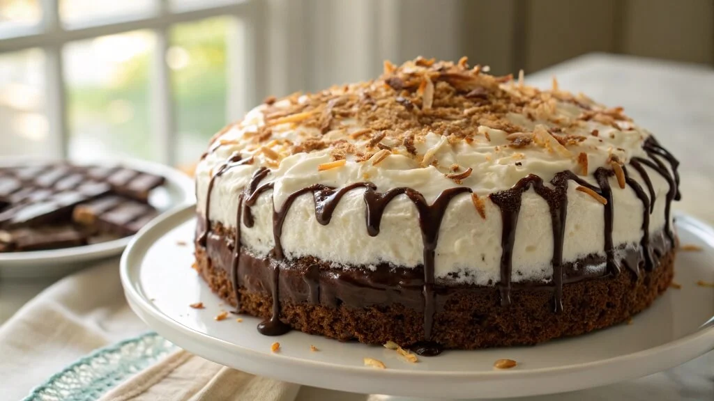 Delicious Mounds Poke Cake with Chocolate and Coconut