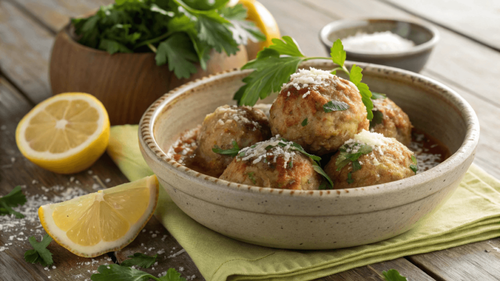 Juicy Baked Chicken Ricotta Meatballs on a Serving Plate