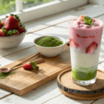 Vibrant Strawberry Matcha Latte in Clear Glass