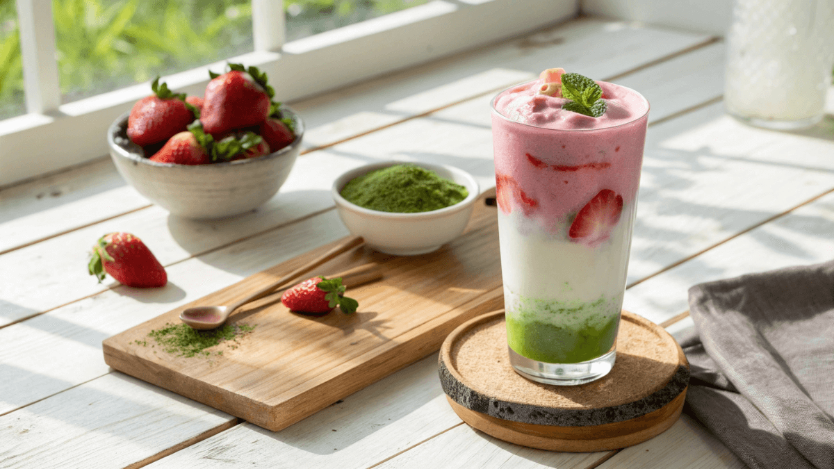 Vibrant Strawberry Matcha Latte in Clear Glass