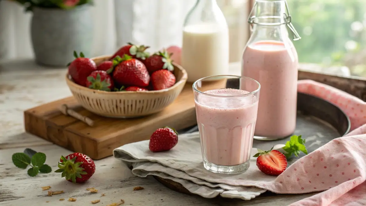 Homemade Strawberry Milk in a Glass Jar