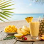 Refreshing tropical smoothie in a glass, garnished with pineapple and mango slices.