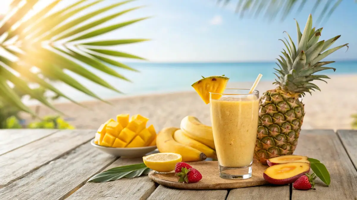 Refreshing tropical smoothie in a glass, garnished with pineapple and mango slices.