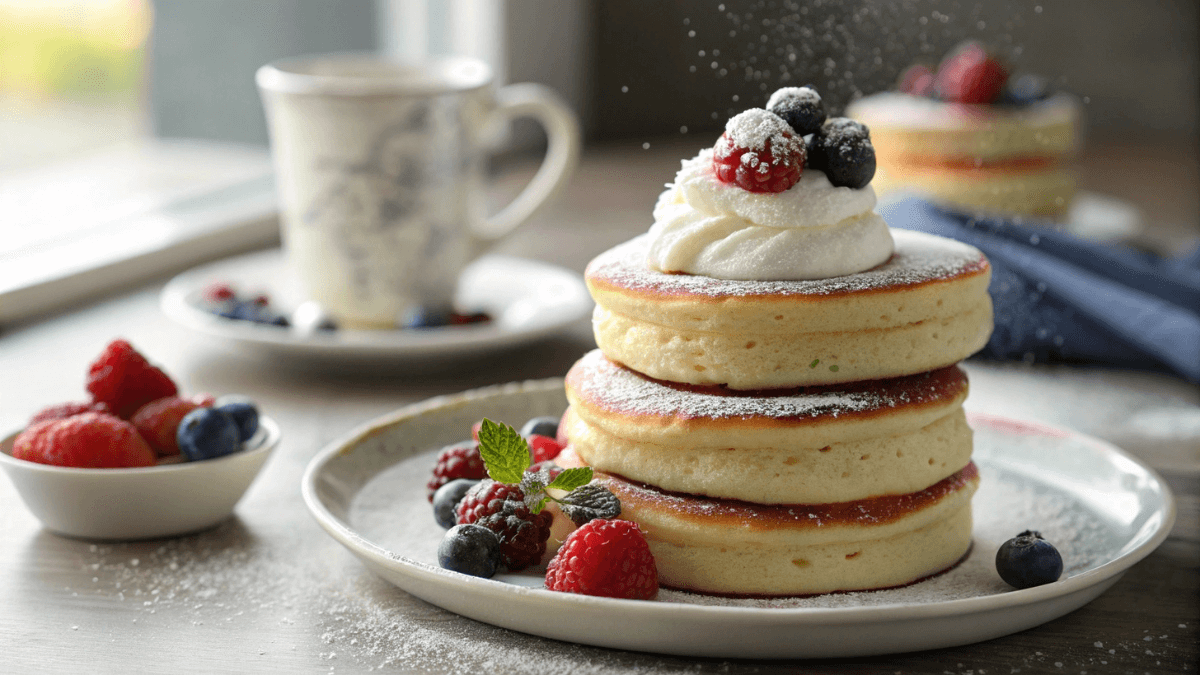Fluffy Japanese Souffle Pancakes on a White Plate